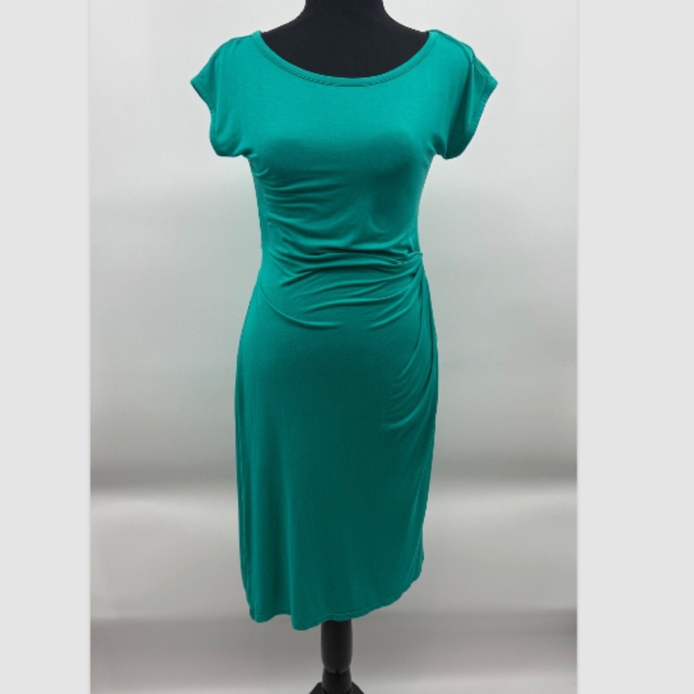 Boston Proper Dress Women XS Green Short Cap Sleeves Stretch Tie Shift
